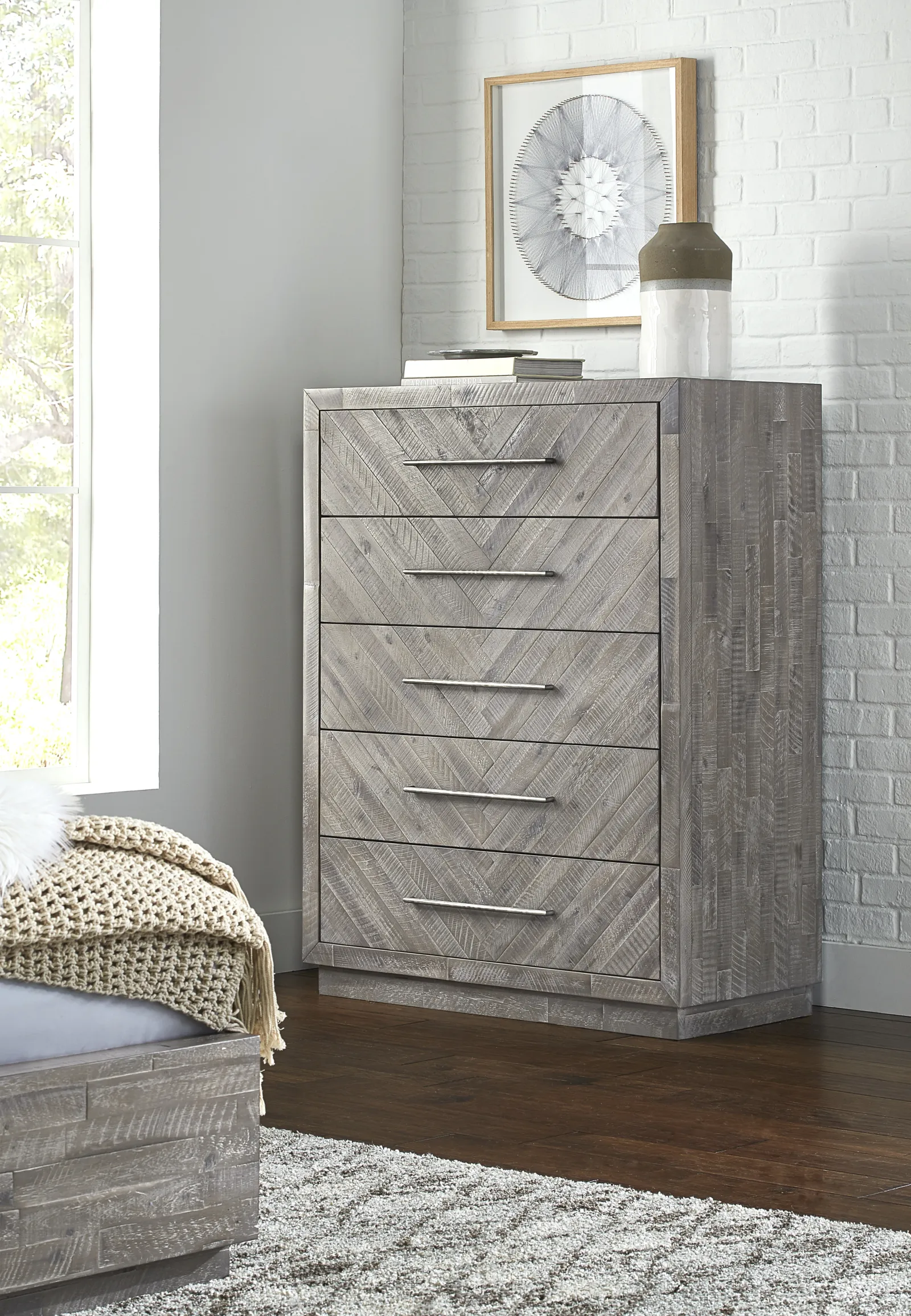 Alexandra Solid Wood Five Drawer Chest in Rustic Latte (2024)