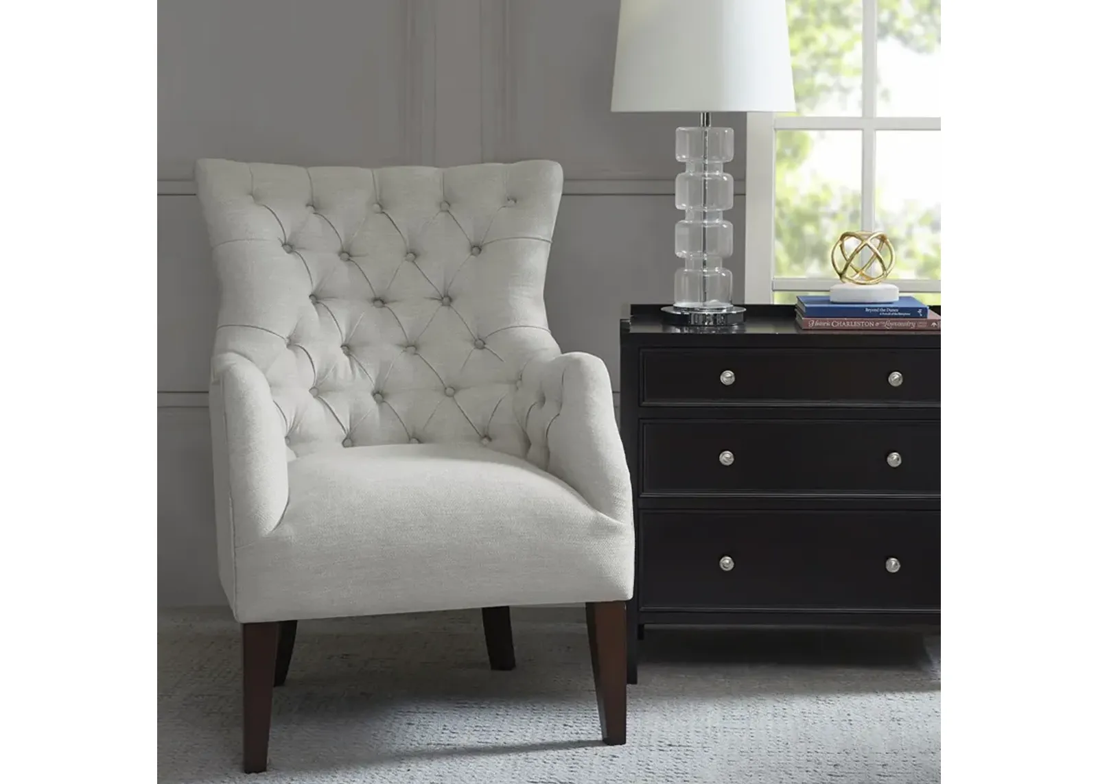 Madison Park Hannah Ivory Button Tufted Wing Chair