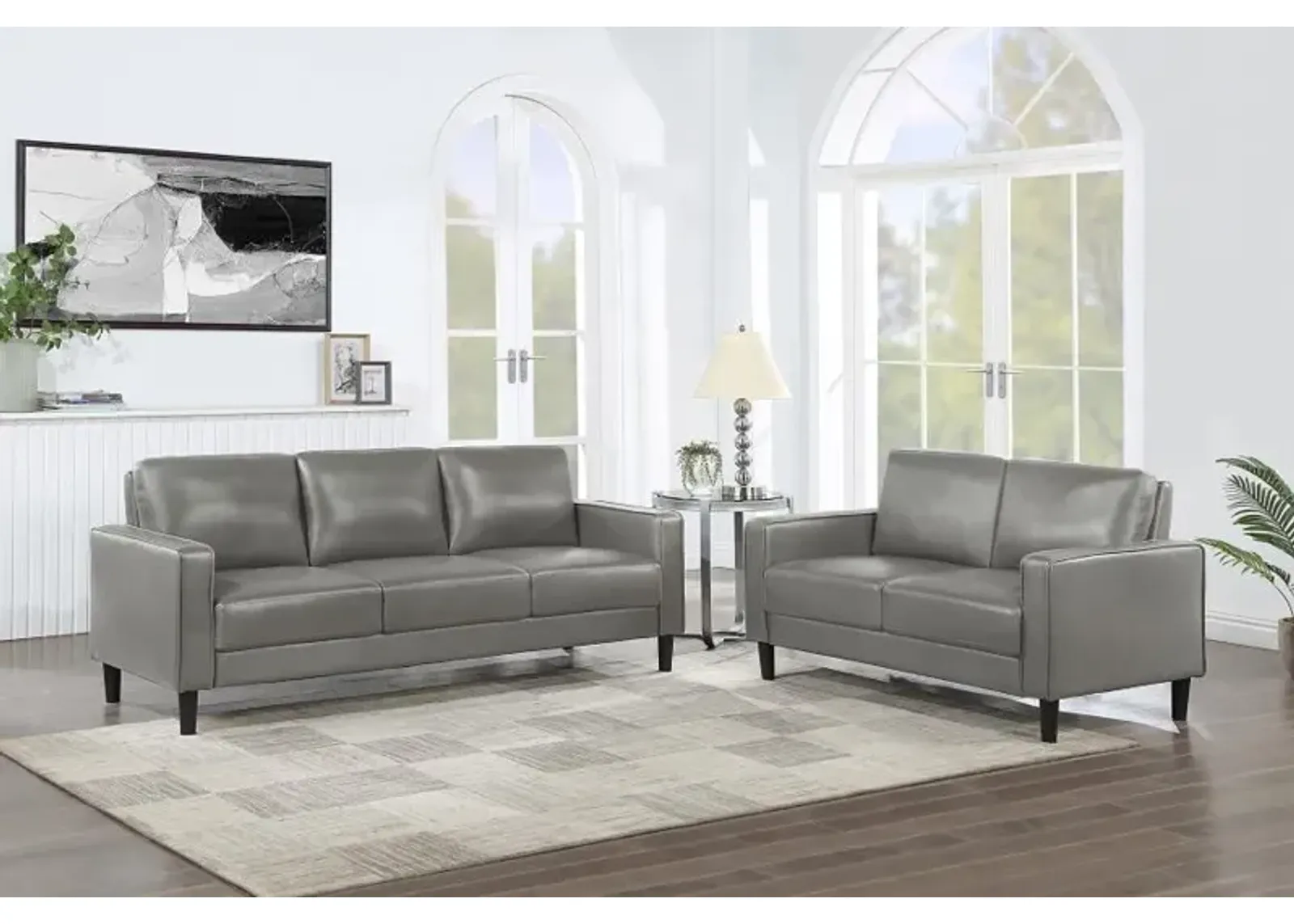 Ruth 2-piece Upholstered Track Arm Faux Leather Sofa Set Grey