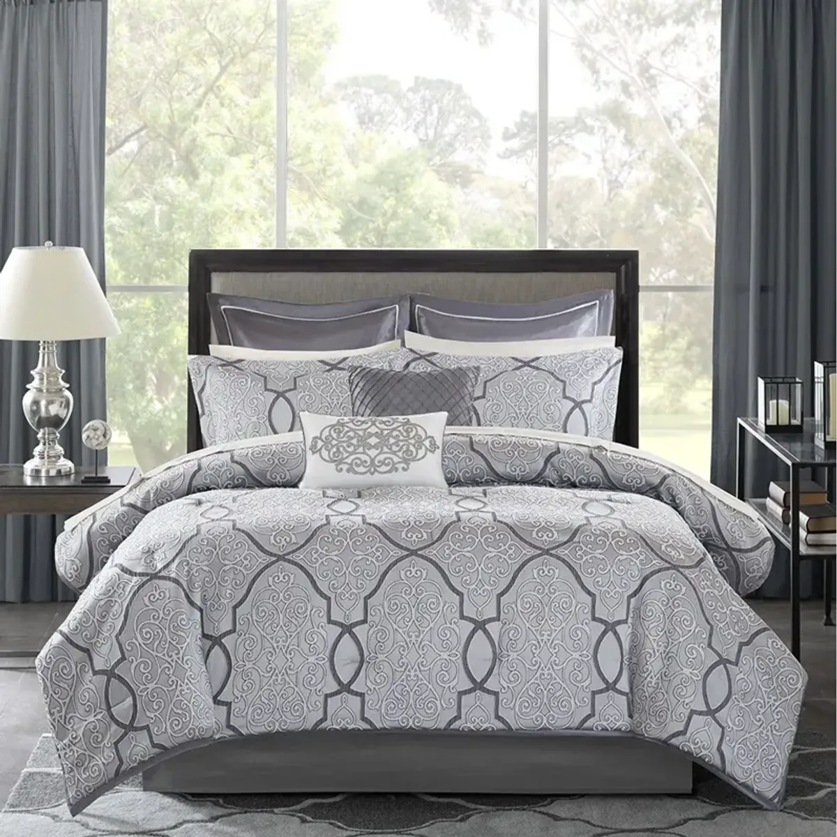 Madison Park Lavine Silver 12 Piece Comforter Set with Cotton Bed Sheets