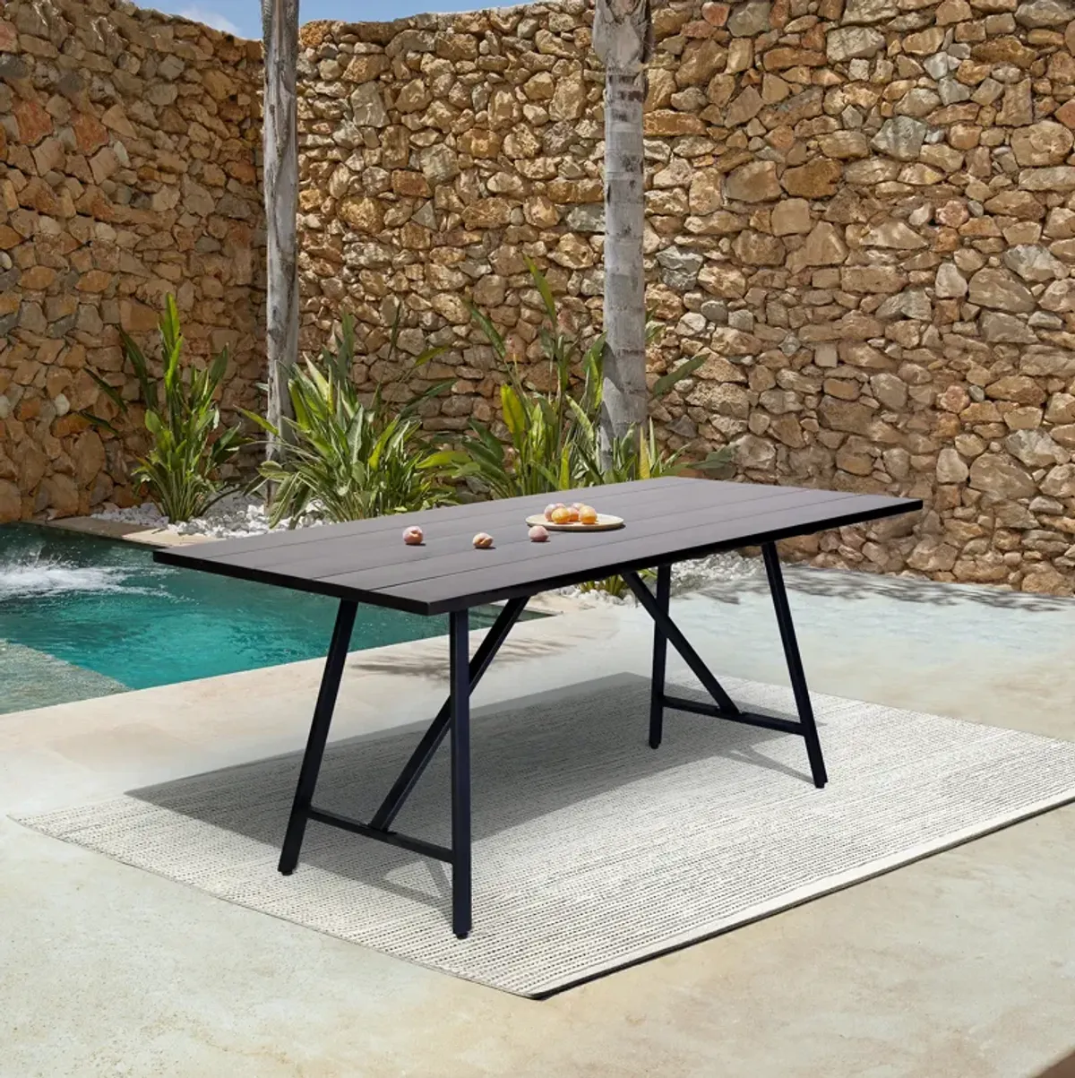 Koala Outdoor Patio Dark Eucalyptus Wood and Metal Rectangle Dining Table