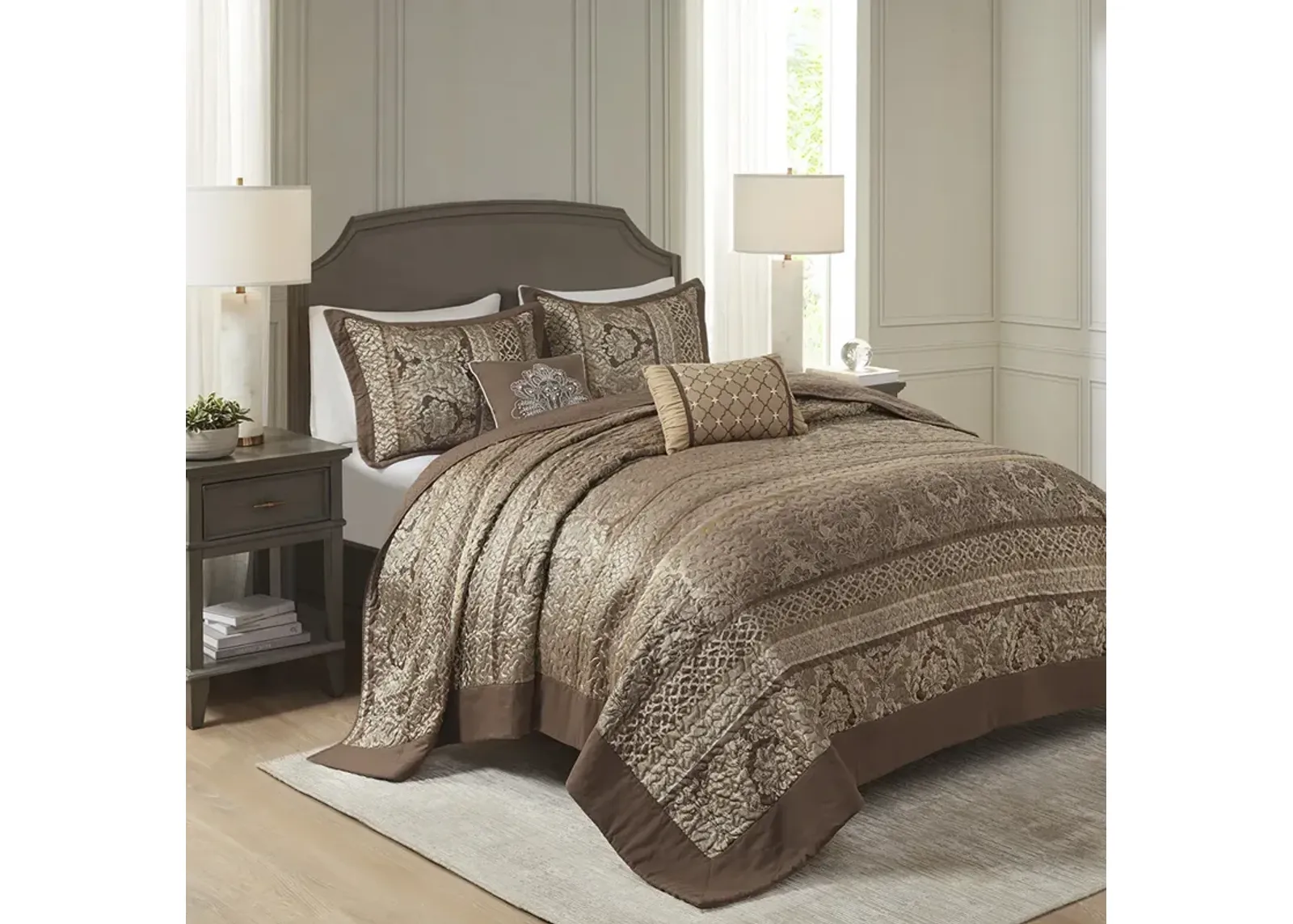 Madison Park Bellagio Brown/Gold 5 Piece Reversible Jacquard Bedspread Set