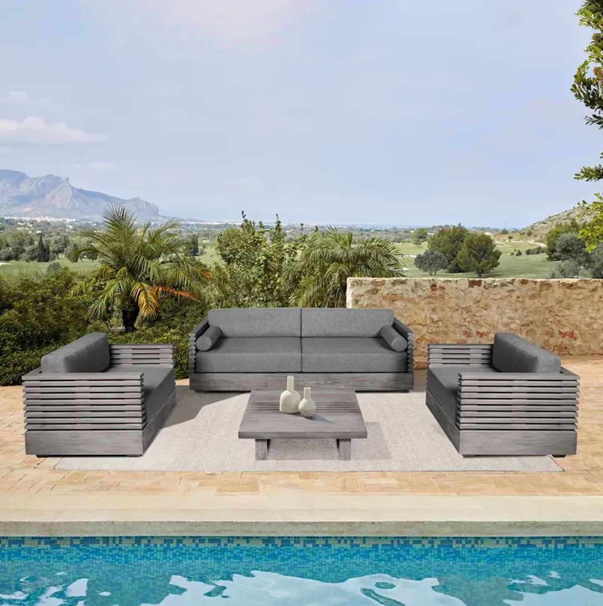 Vivid Outdoor Patio Sofa in Gray Eucalyptus Wood with Gray Olefin Cushions