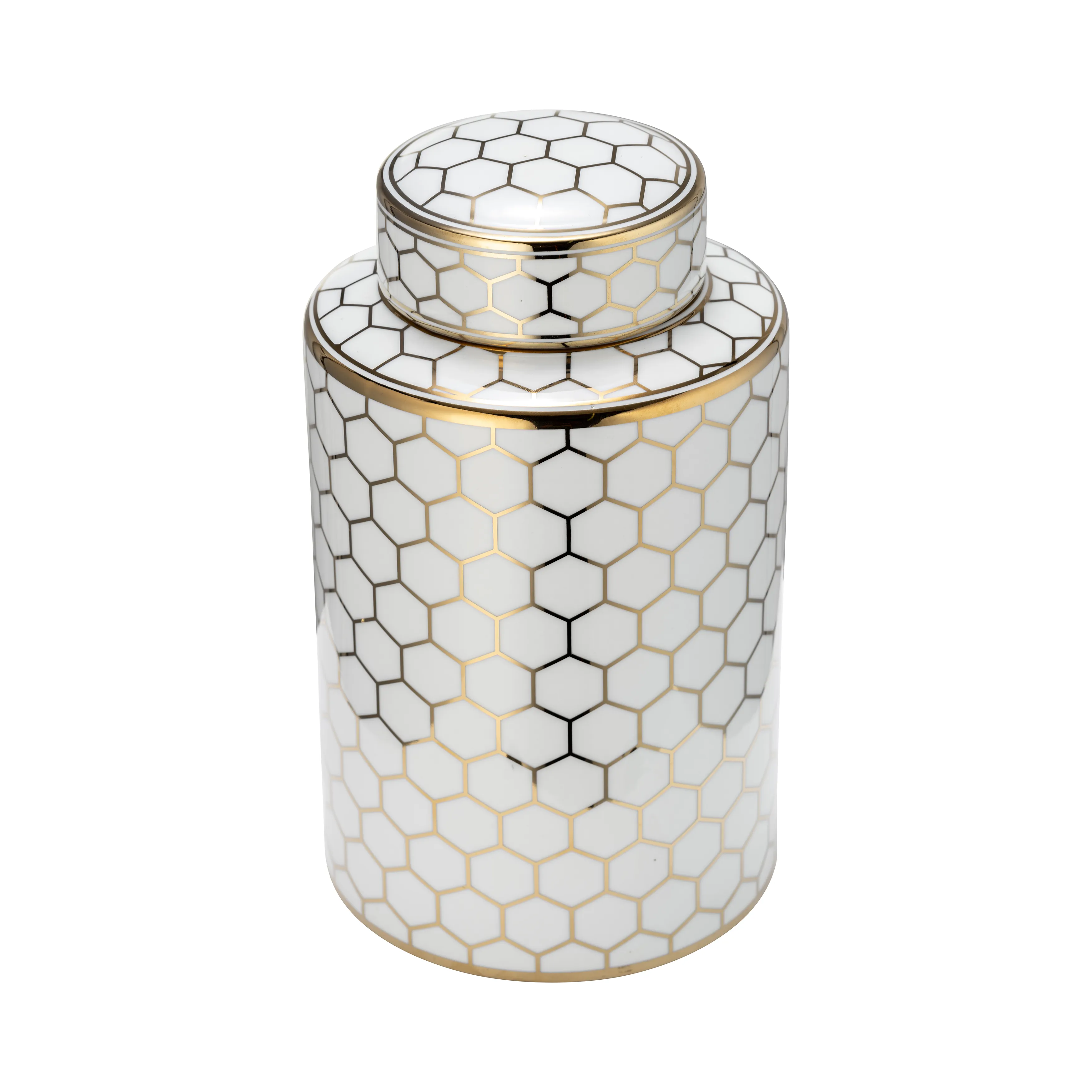 Cer, 12" Honeycomb Jar W/ Lid, Gold