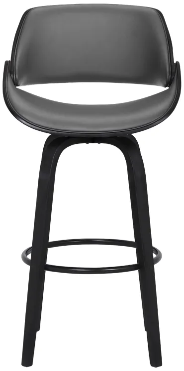 Mona 30" Bar Height Swivel Grey Faux Leather and Black Wood Bar Stool