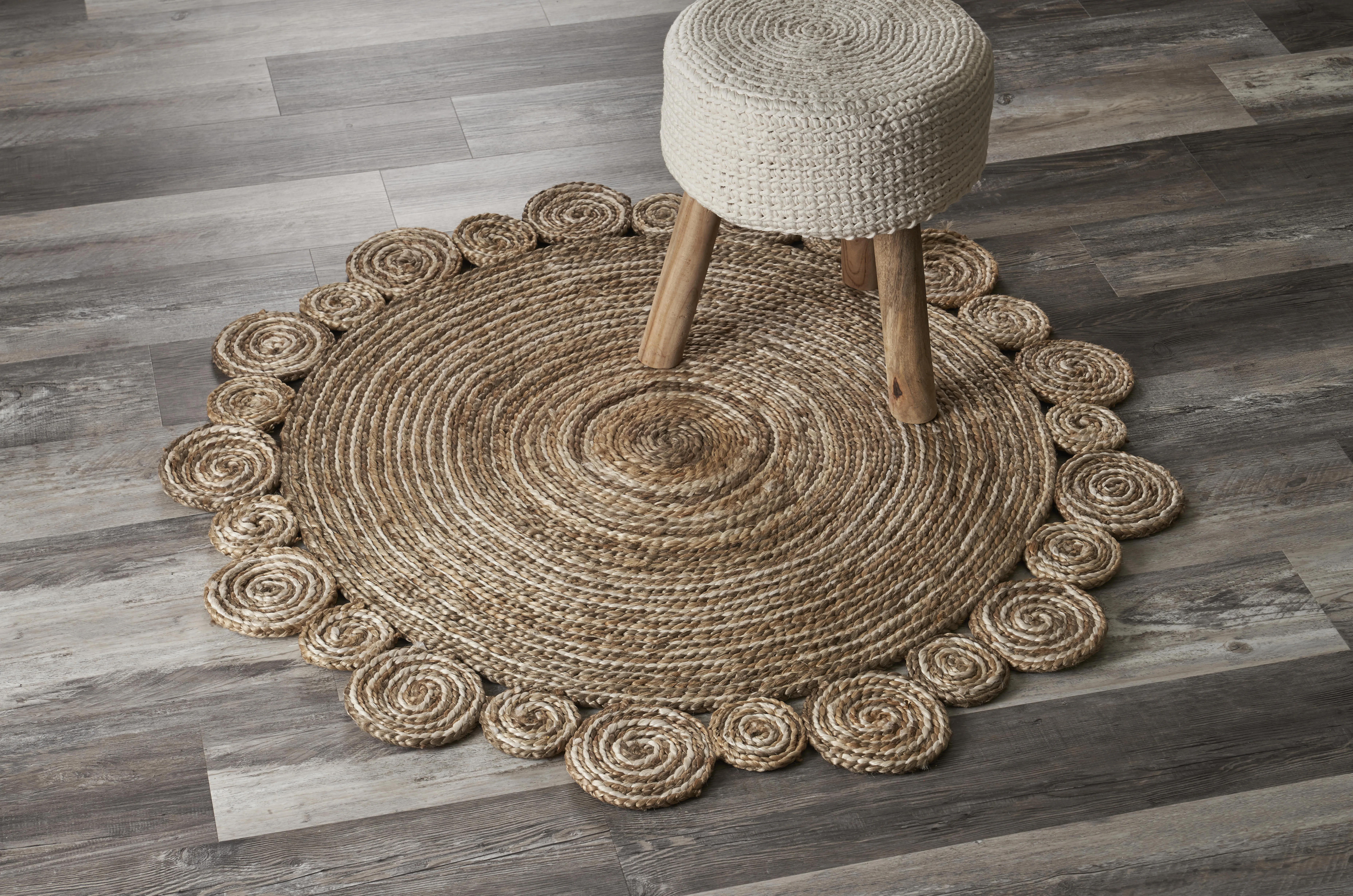 Nature Tan/ Ivory Contemporary Striped Organic Jute Indoor Round Area Rug 4'