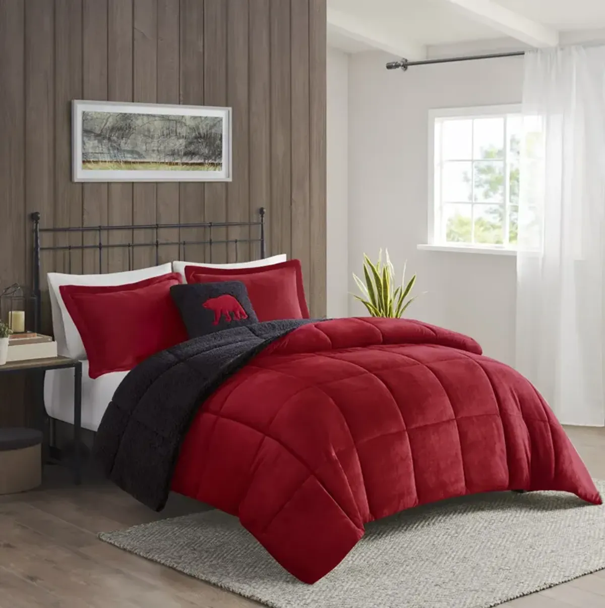 Woolrich Alton Red/Black Plush to Sherpa Down Alternative Comforter Set