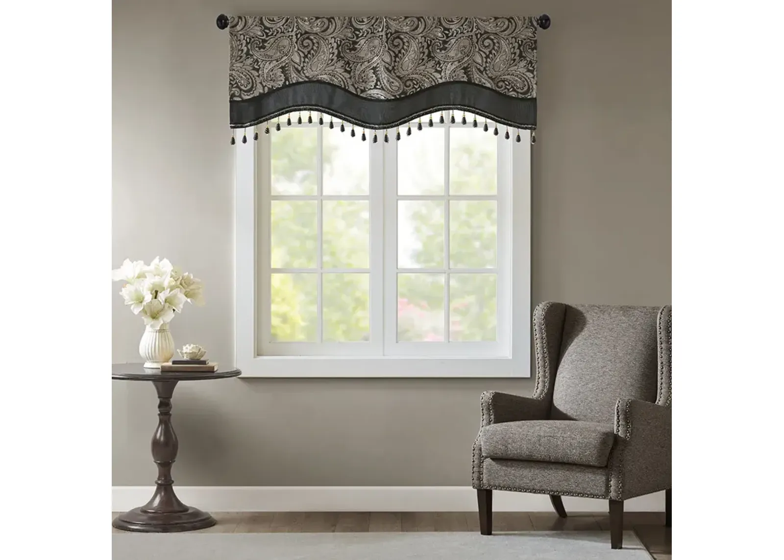 Madison Park Aubrey Black Jacquard Window Rod Pocket Valance With Beads