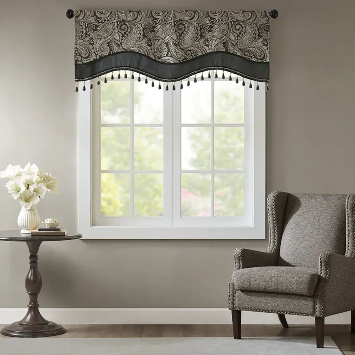 Madison Park Aubrey Black Jacquard Window Rod Pocket Valance With Beads