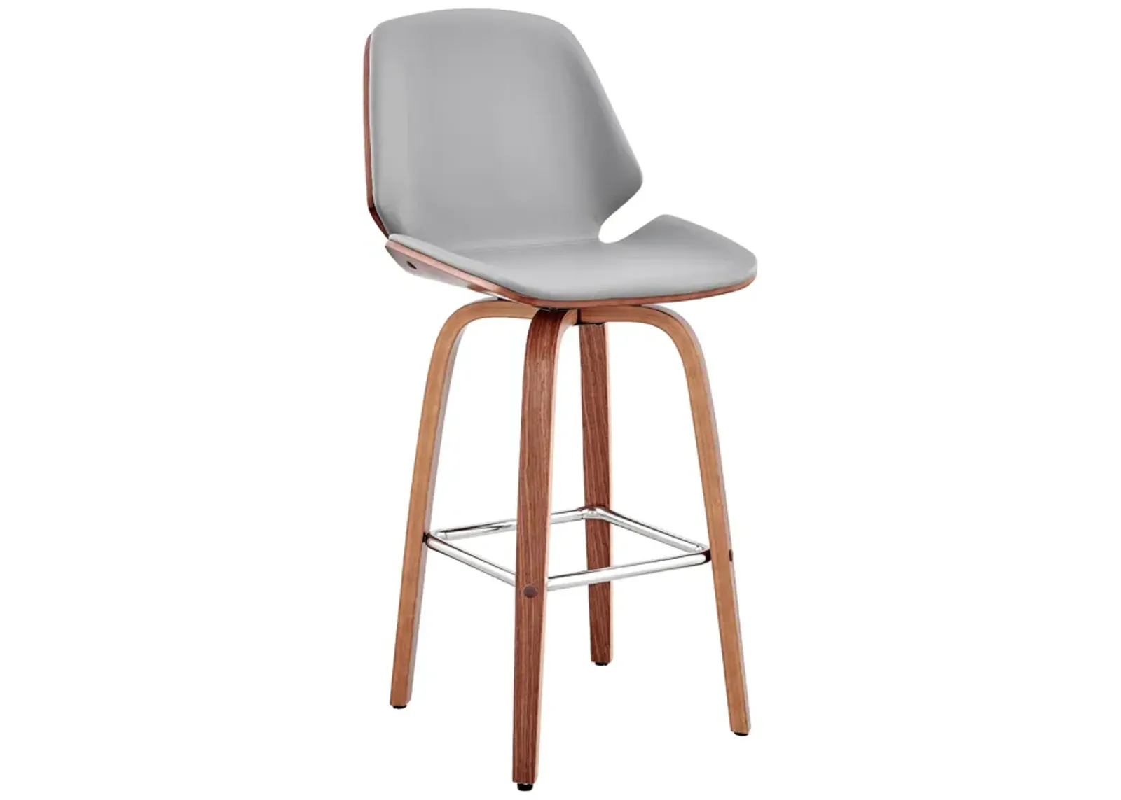 Arabela 26" Gray Faux Leather and Walnut Wood Swivel Bar Stool