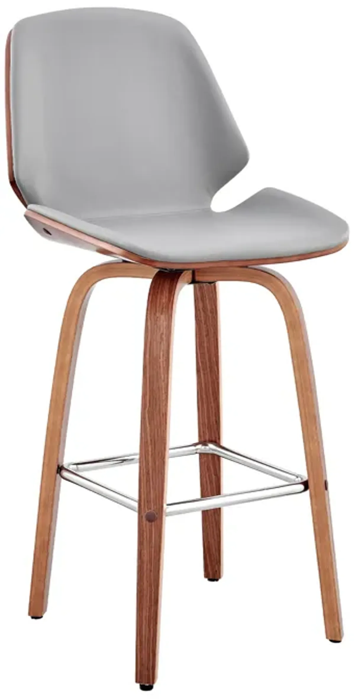 Arabela 26" Gray Faux Leather and Walnut Wood Swivel Bar Stool