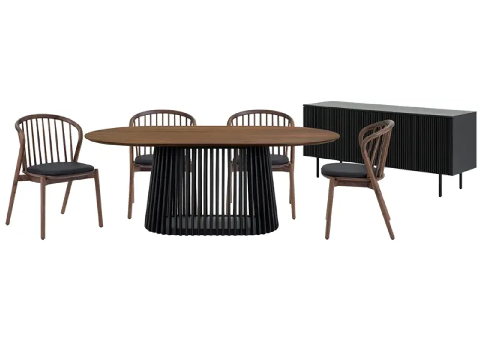 Pasadena Echo 6 Piece Oval Dining Set with Buffet in Black Finish with Walnut Finish Table Top and Chairs