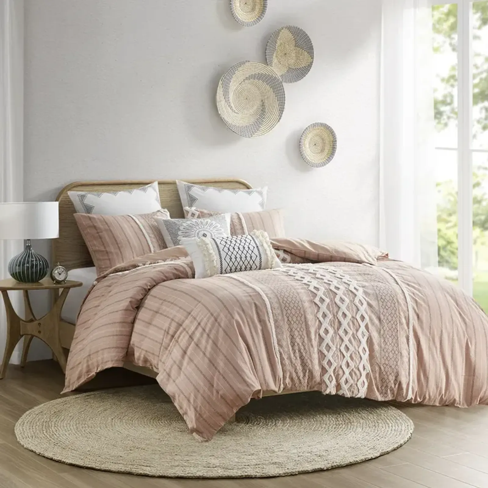 INK+IVY Imani Blush Cotton Printed Duvet Cover Set with Chenille