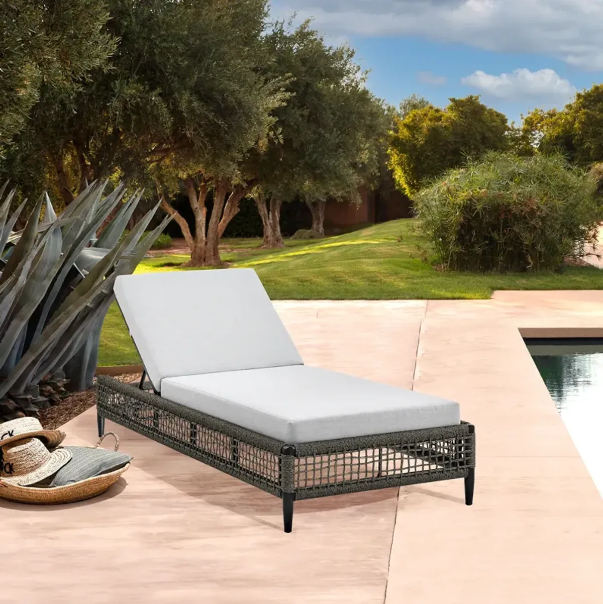 Alegria Outdoor Patio Adjustable Chaise Lounge Chair in Aluminum with Grey Rope and Cushions