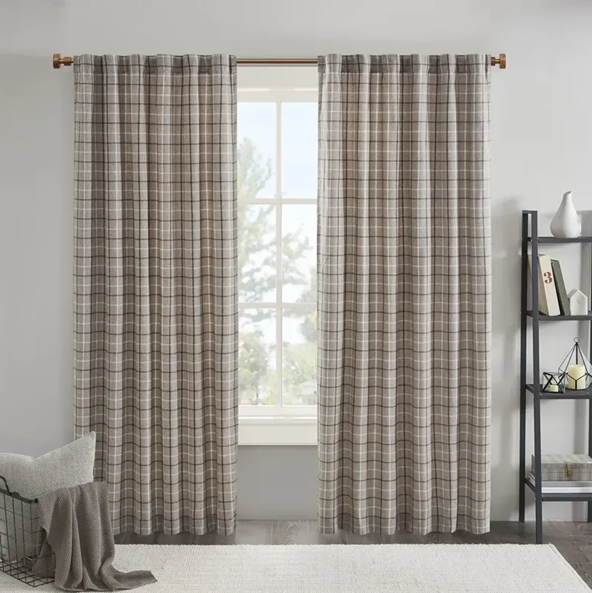 Madison Park Anaheim Brown Plaid Rod Pocket and Back Tab Curtain Panel with Fleece Lining