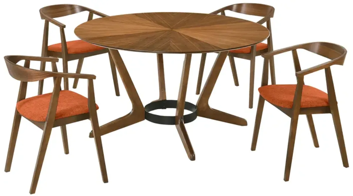Santana 5 Piece Round Walnut Wood Dining Table Set with Orange Fabric