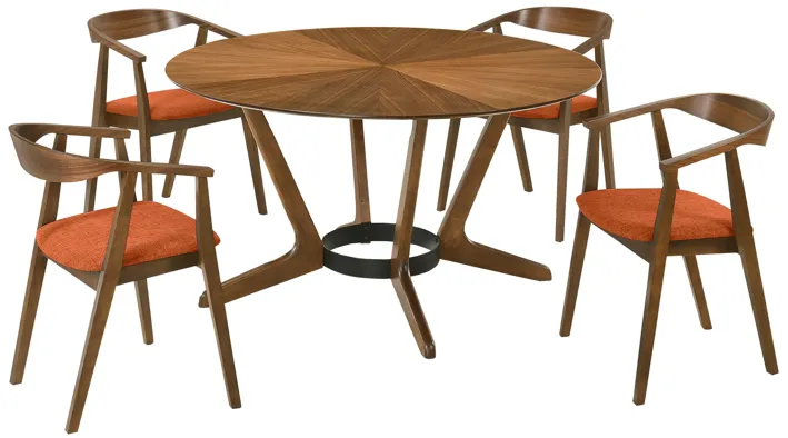 Santana 5 Piece Round Walnut Wood Dining Table Set with Orange Fabric