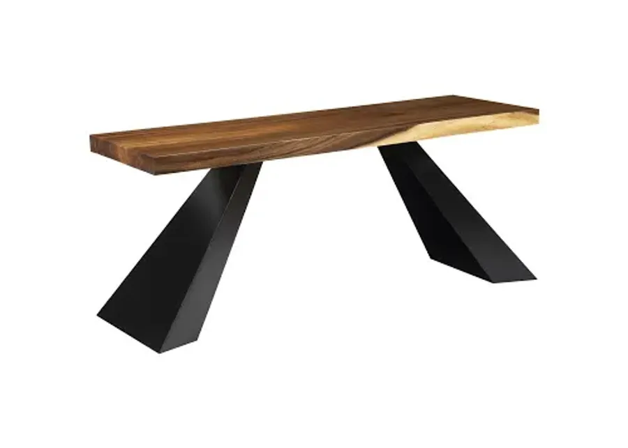 tapered wood console, black metal legs