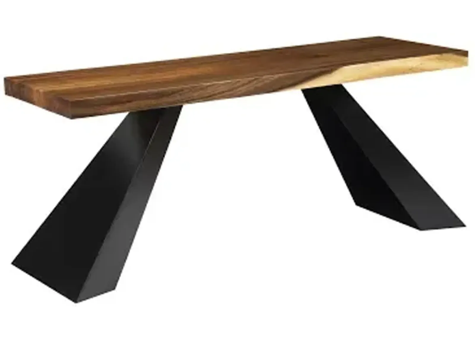 tapered wood console, black metal legs