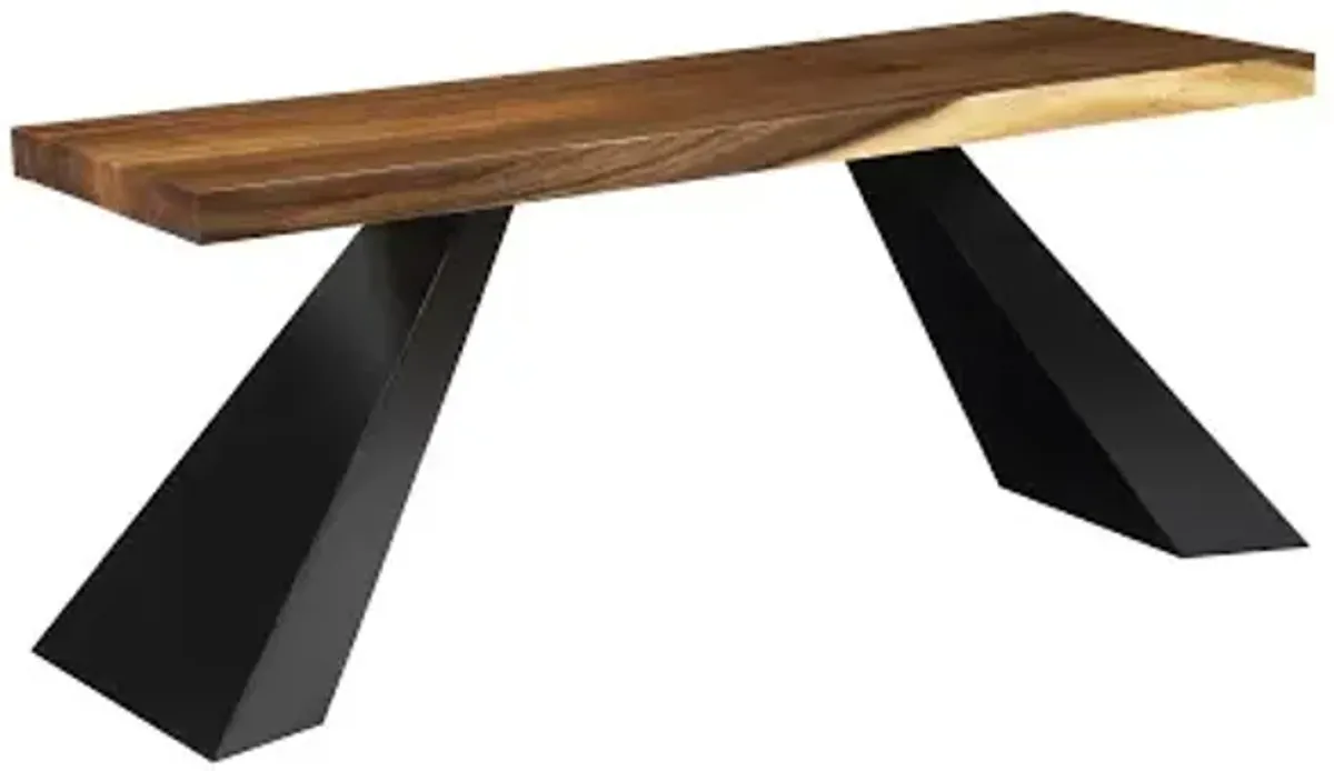 tapered wood console, black metal legs