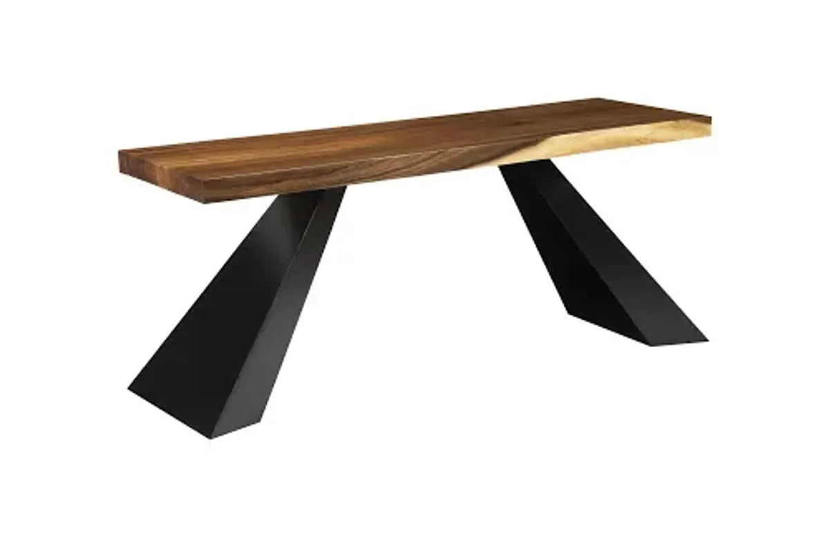 tapered wood console, black metal legs