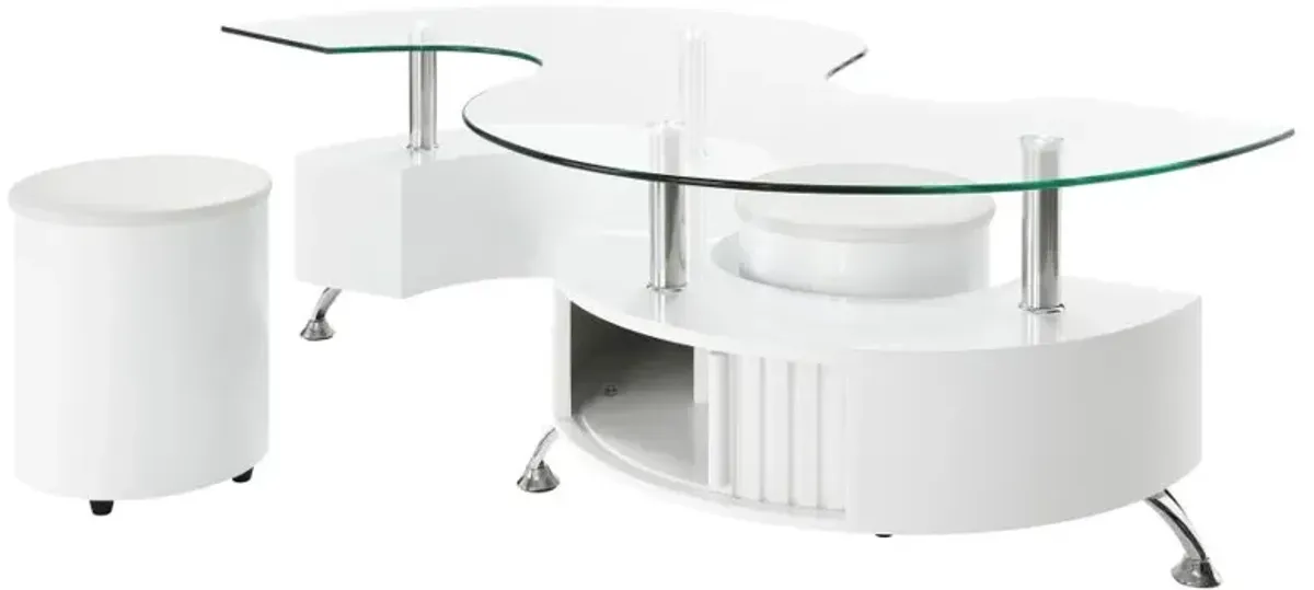 Buckley Curved Glass Top Coffee Table With Stools White High Gloss