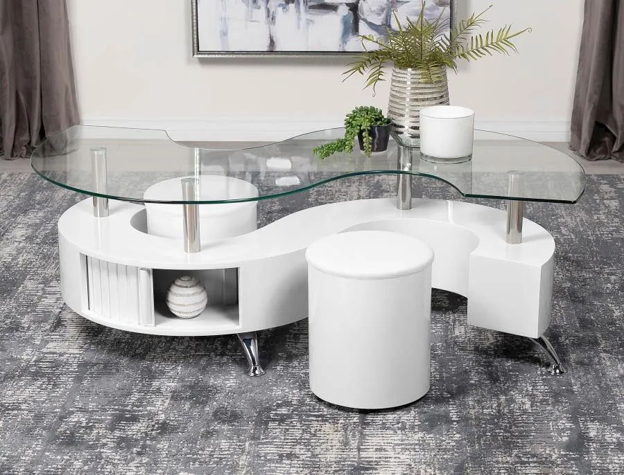 Buckley Curved Glass Top Coffee Table With Stools White High Gloss