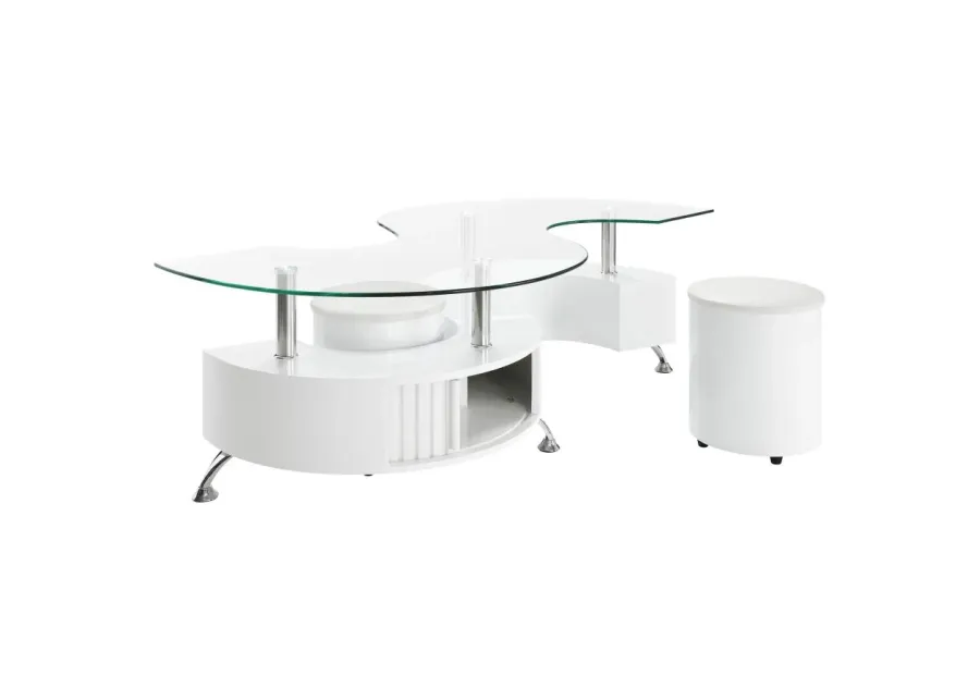 Buckley Curved Glass Top Coffee Table With Stools White High Gloss