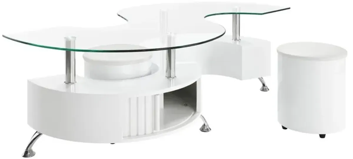 Buckley Curved Glass Top Coffee Table With Stools White High Gloss