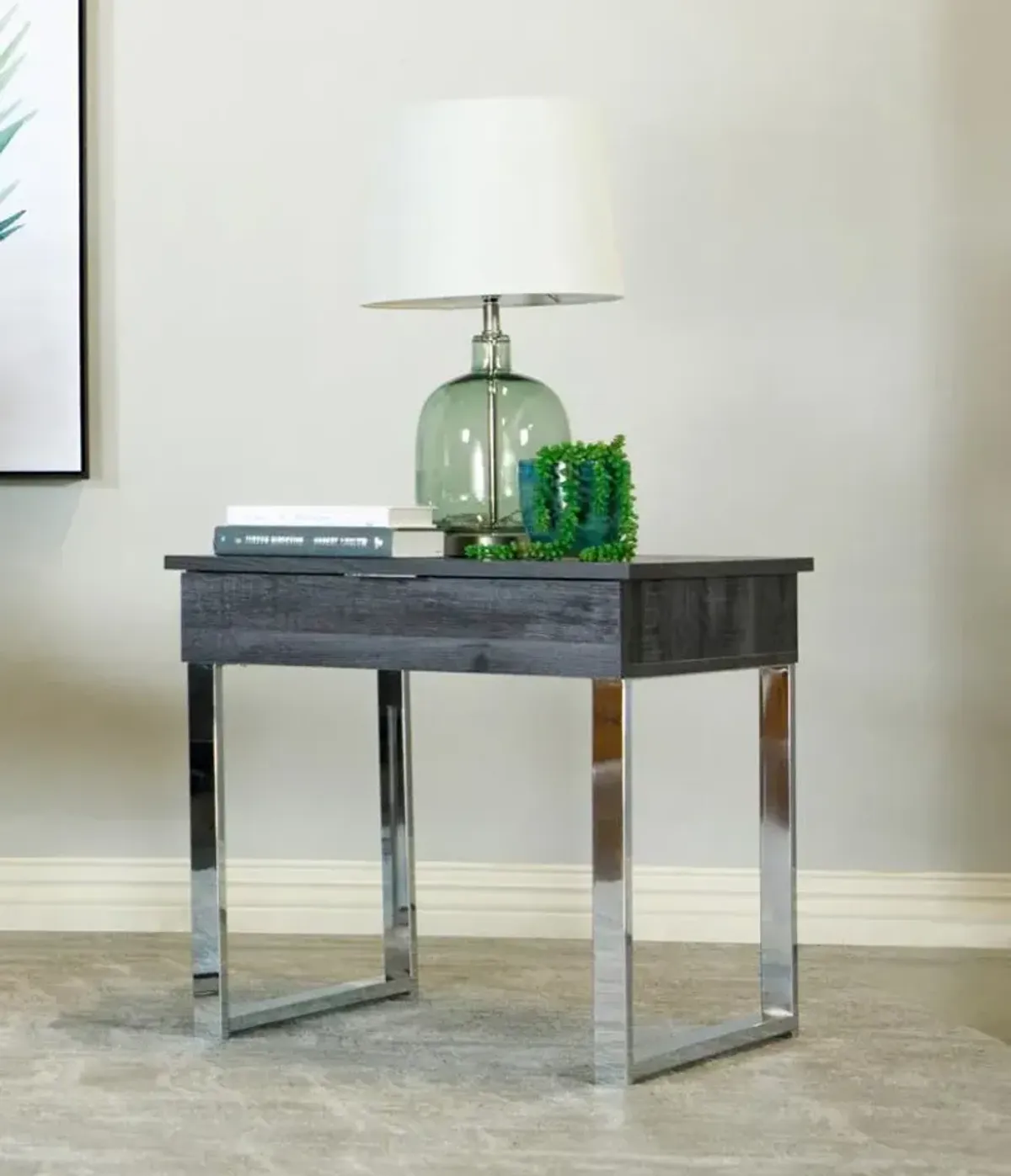 Aldine Square 1-drawer End Table Dark Charcoal and Chrome