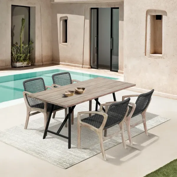 Koala and Brighton 5 Piece Outdoor Patio Dining Set in Light Eucalyptus Wood and Charcoal Rope