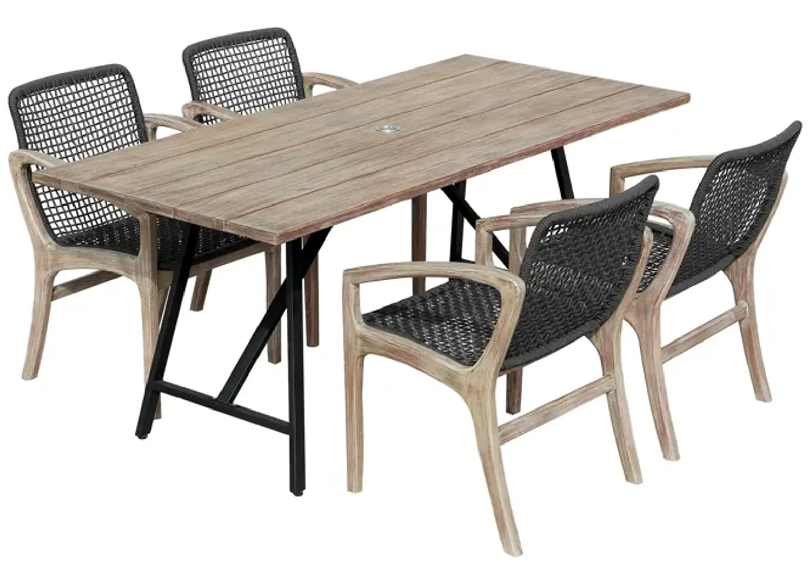 Koala and Brighton 5 Piece Outdoor Patio Dining Set in Light Eucalyptus Wood and Charcoal Rope