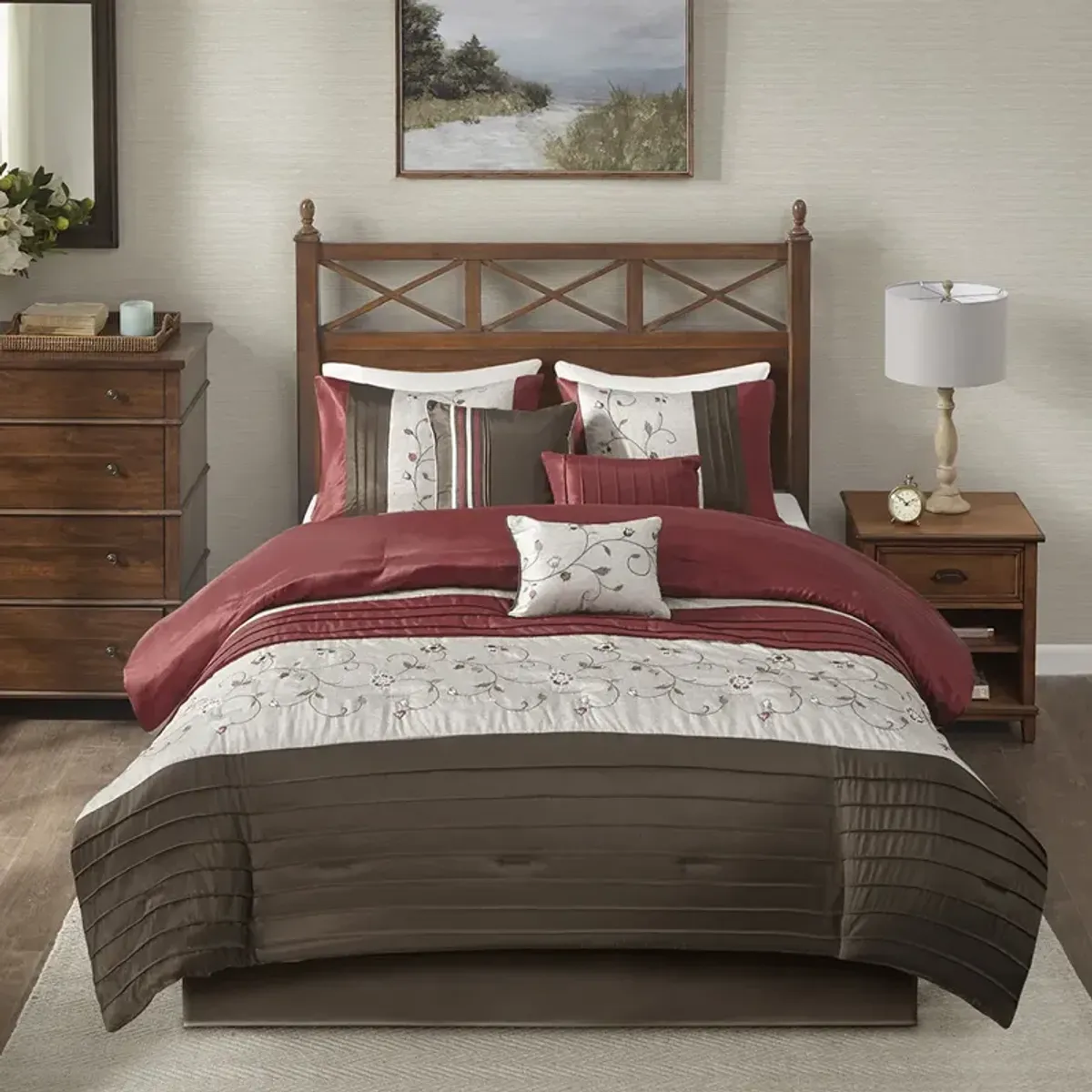 Madison Park Serene Red Embroidered 7 Piece Comforter Set