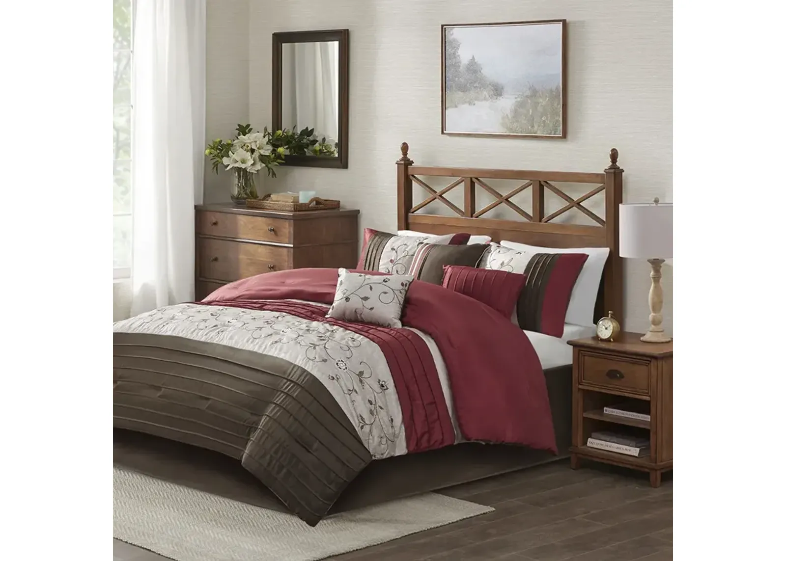 Madison Park Serene Red Embroidered 7 Piece Comforter Set