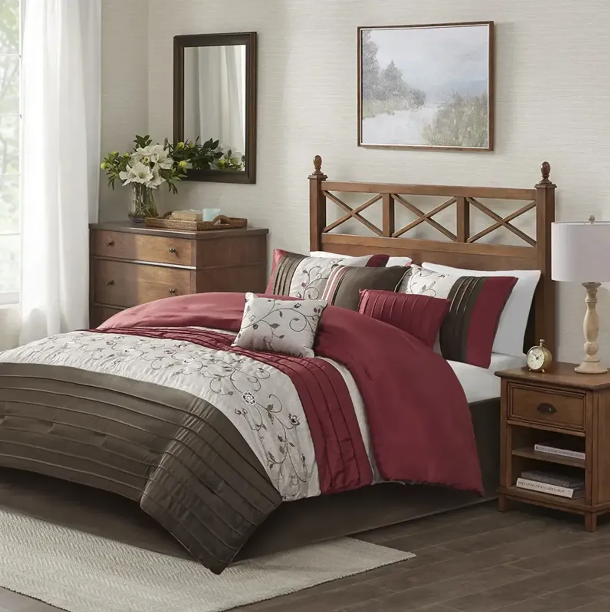 Madison Park Serene Red Embroidered 7 Piece Comforter Set