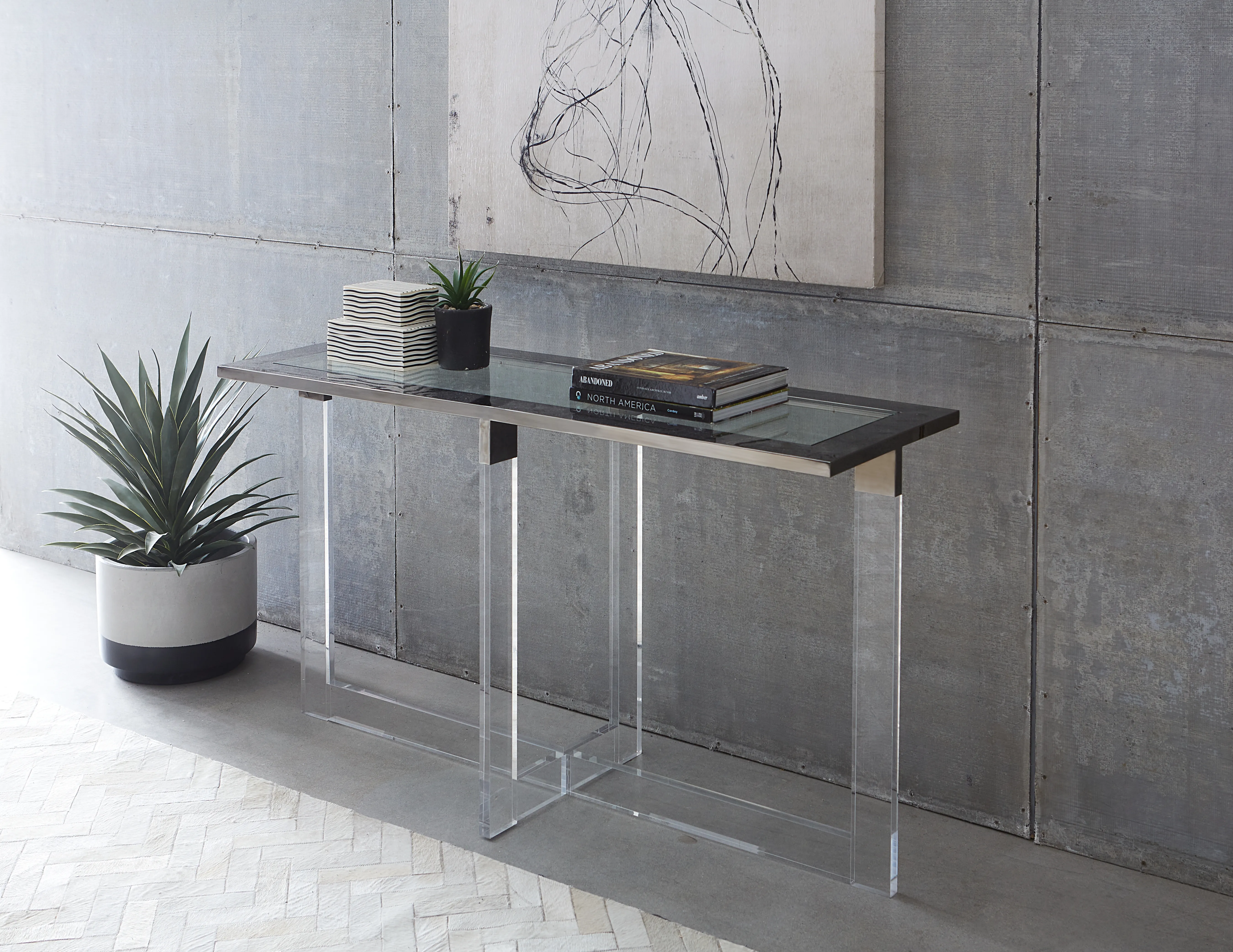 Bastian Console Table in Clear Acrylic and Gunmetal Polished Stainless Steel