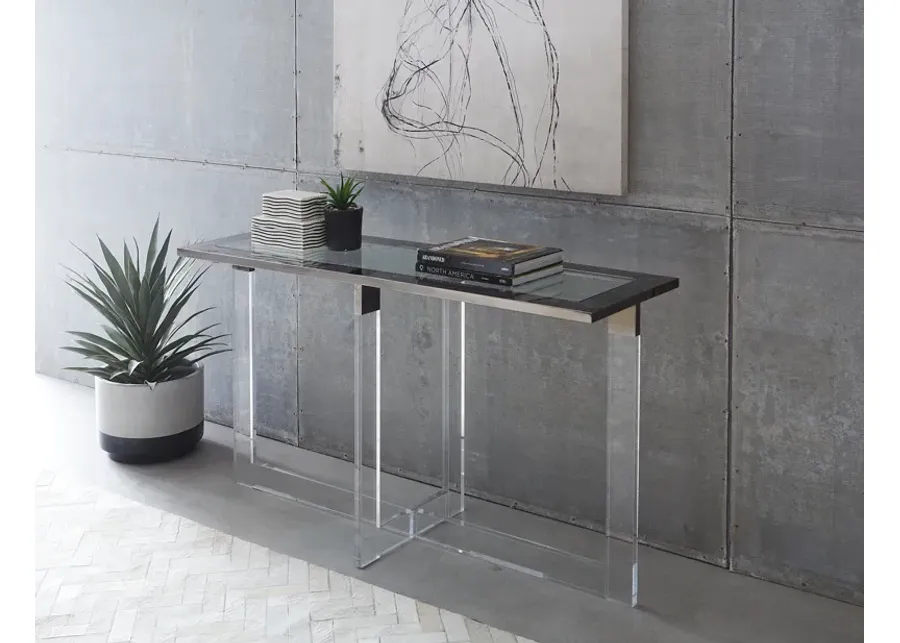 Bastian Console Table in Clear Acrylic and Gunmetal Polished Stainless Steel