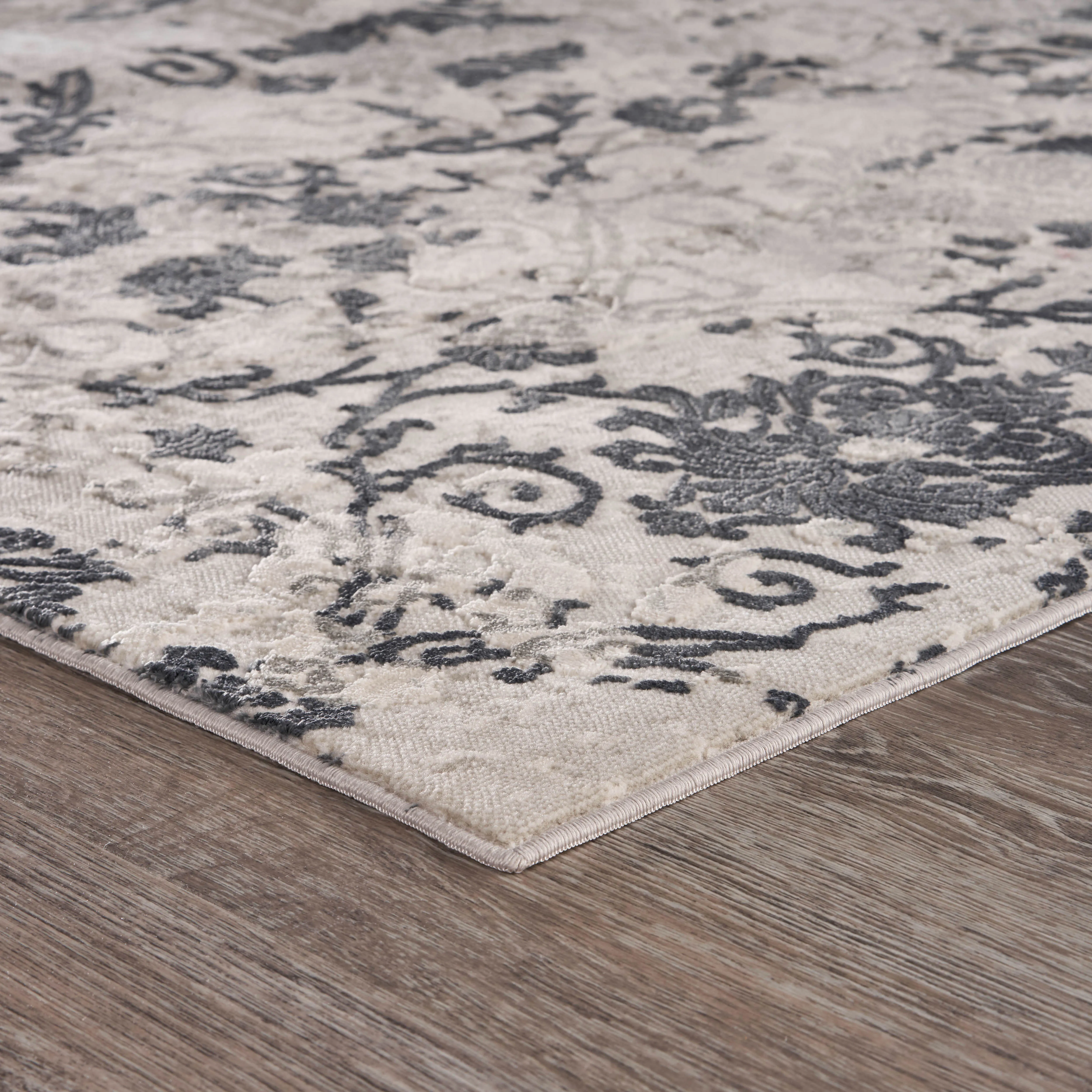 Imagica Neutral Distressed Damask Contemporary Area Rug  9'6" x 13'