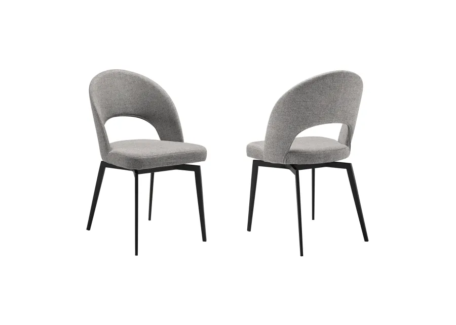 Lucia Swivel Upholstered Dining Chair in Gray Fabric with Black Metal Legs - Set of 2