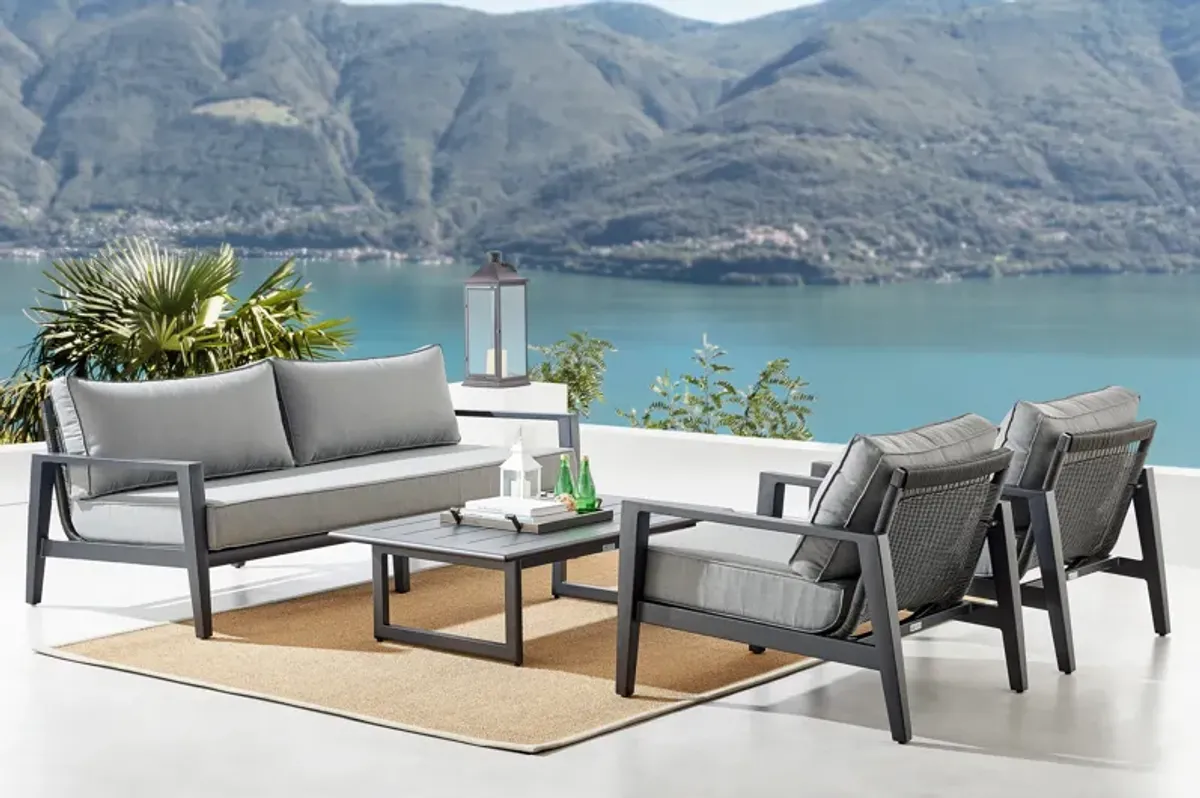 Cayman 4 Piece Black Aluminum Outdoor Seating Set with Dark Gray Cushions