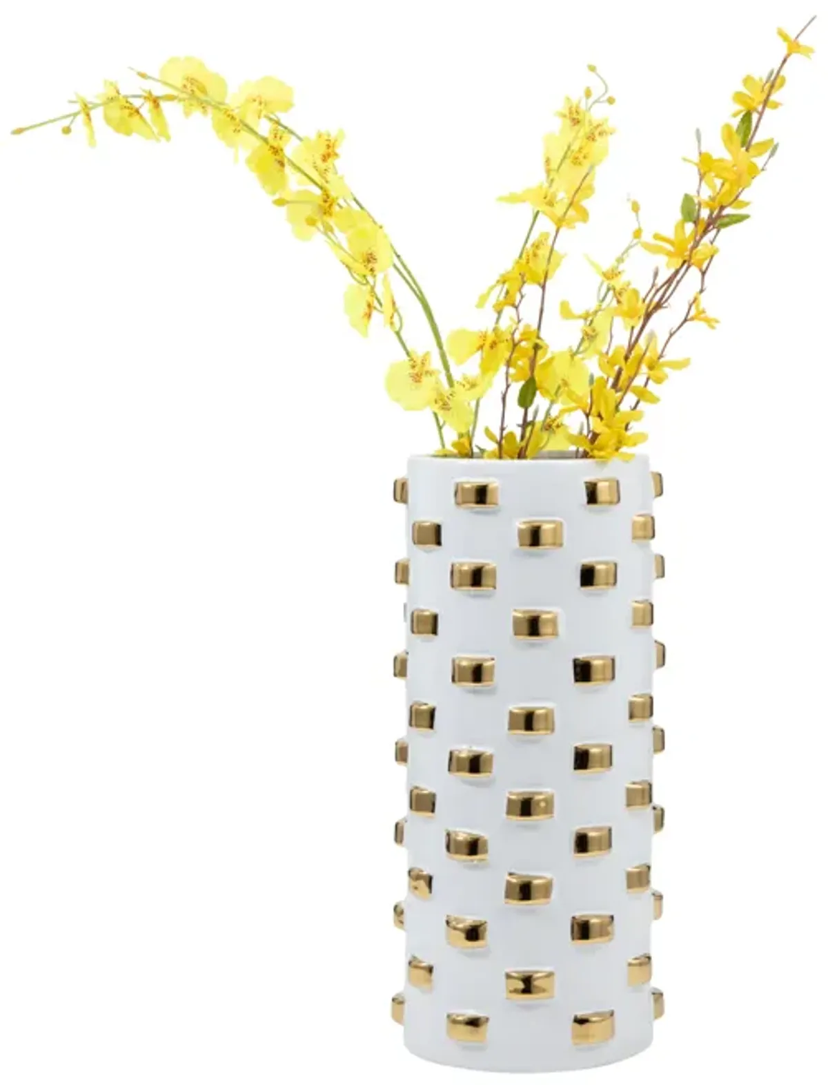 Stoneware, 11" Cylinder Vase, White/gold