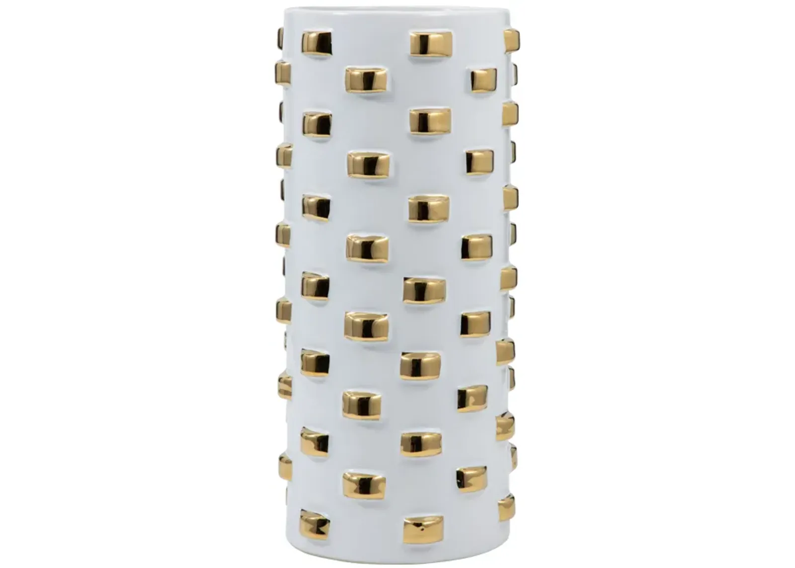 Stoneware, 11" Cylinder Vase, White/gold