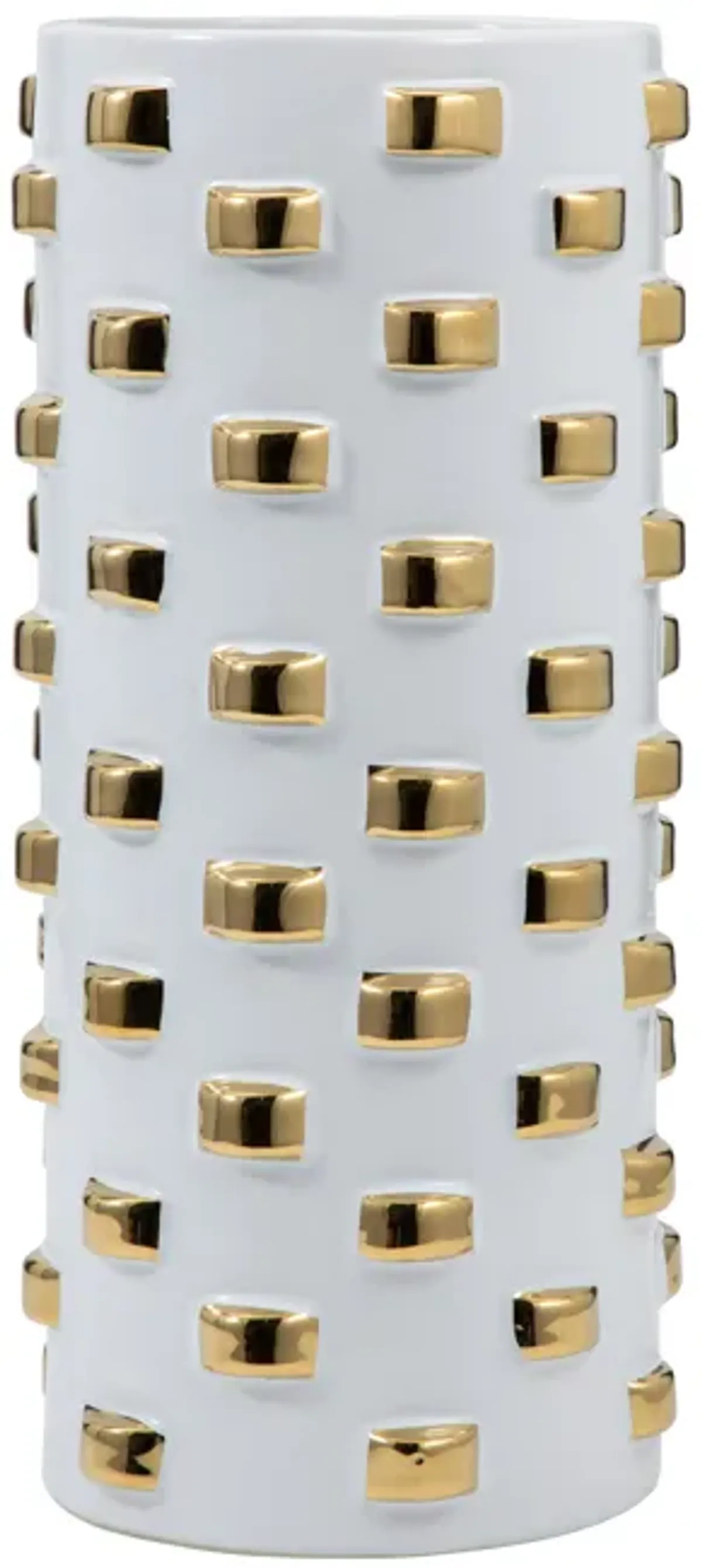 Stoneware, 11" Cylinder Vase, White/gold