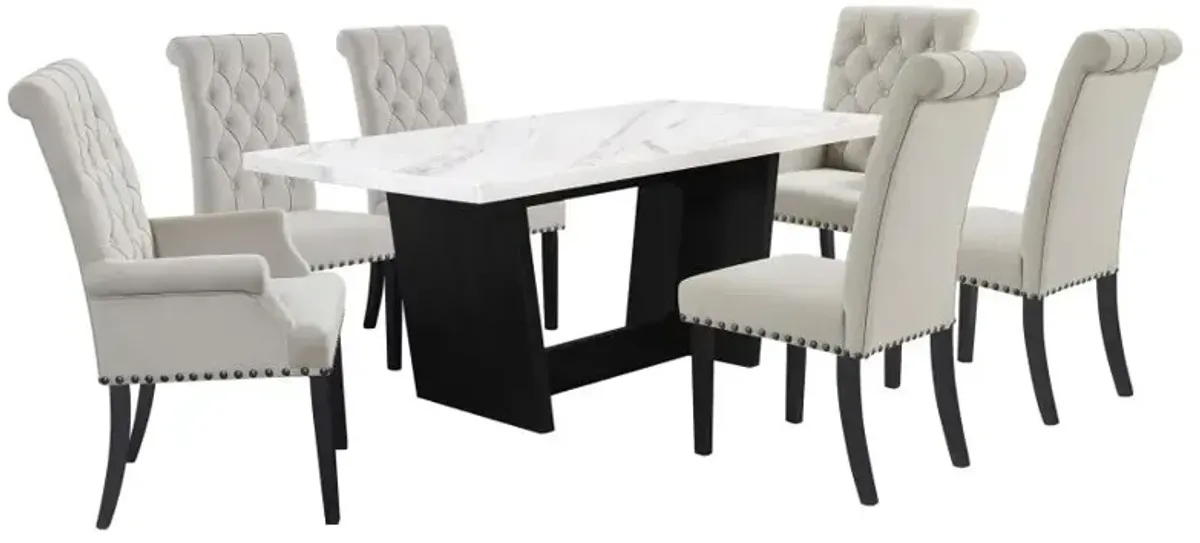 Sherry 7-piece Rectangular Marble Top Dining Set Sand and White