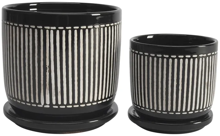 S/2 5/6" Vertical Lines Planter W/ SauCeramic, Black