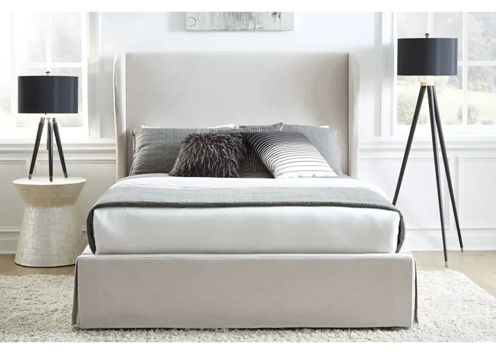 Hera Full-Size Upholstered Skirted Storage Panel Bed in Oatmeal