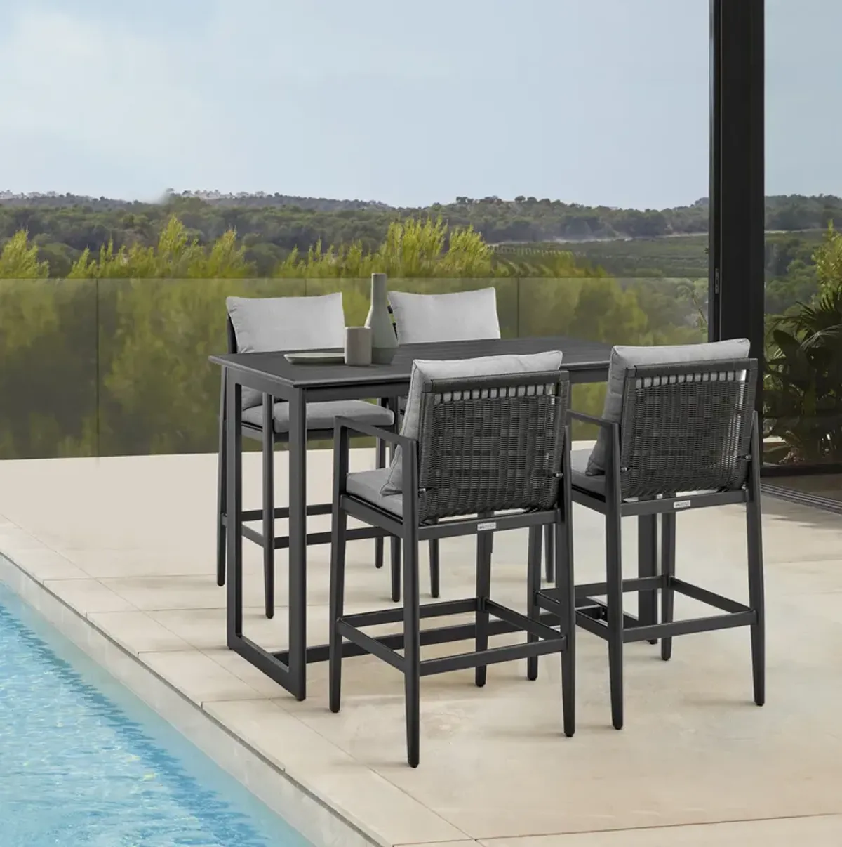 Grand Outdoor Patio Bar Stool in Aluminum with Gray Cushions