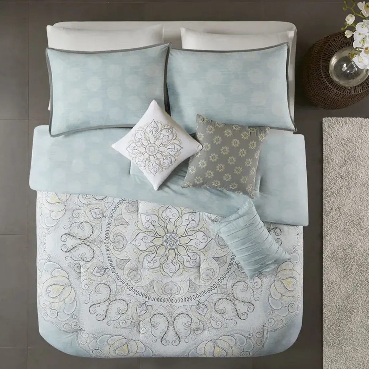 Madison Park Lucinda Seafoam 7 Piece Reversible Cotton Sateen Comforter Set