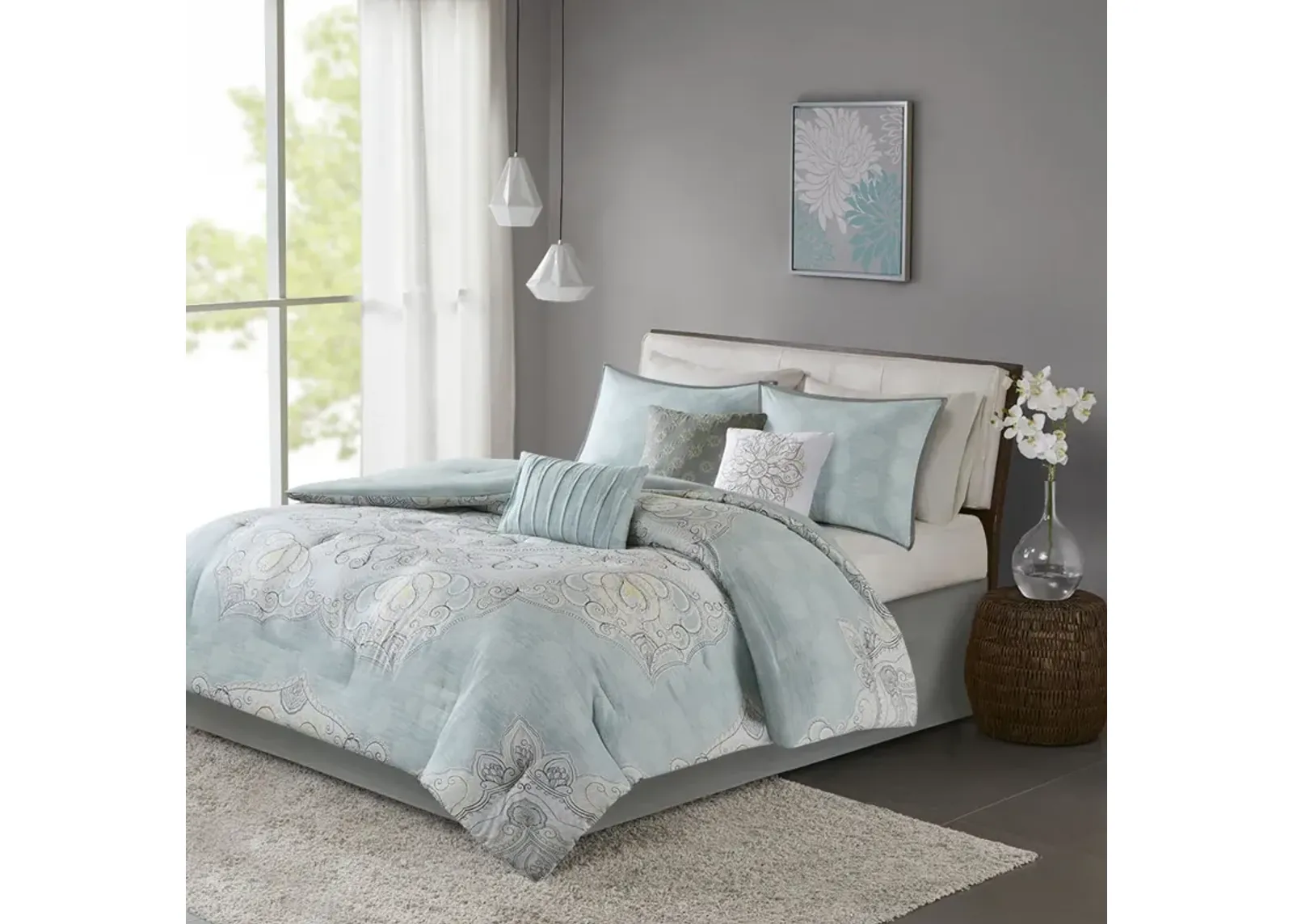 Madison Park Lucinda Seafoam 7 Piece Reversible Cotton Sateen Comforter Set