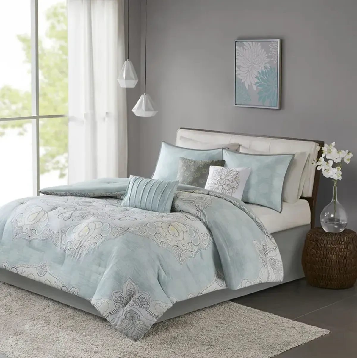 Madison Park Lucinda Seafoam 7 Piece Reversible Cotton Sateen Comforter Set